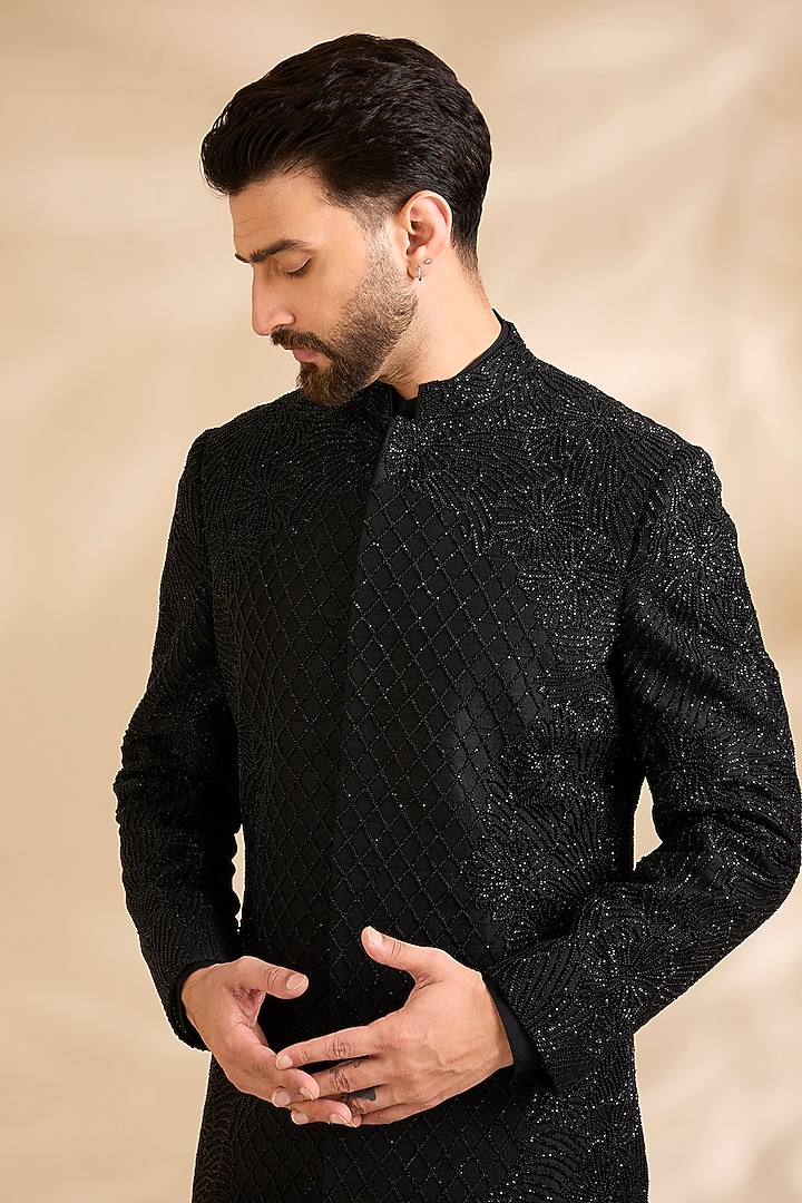 Black Silk Groom Sherwani Set by Rohit Gandhi & Rahul Khanna Men at Pernia's Pop Up Shop