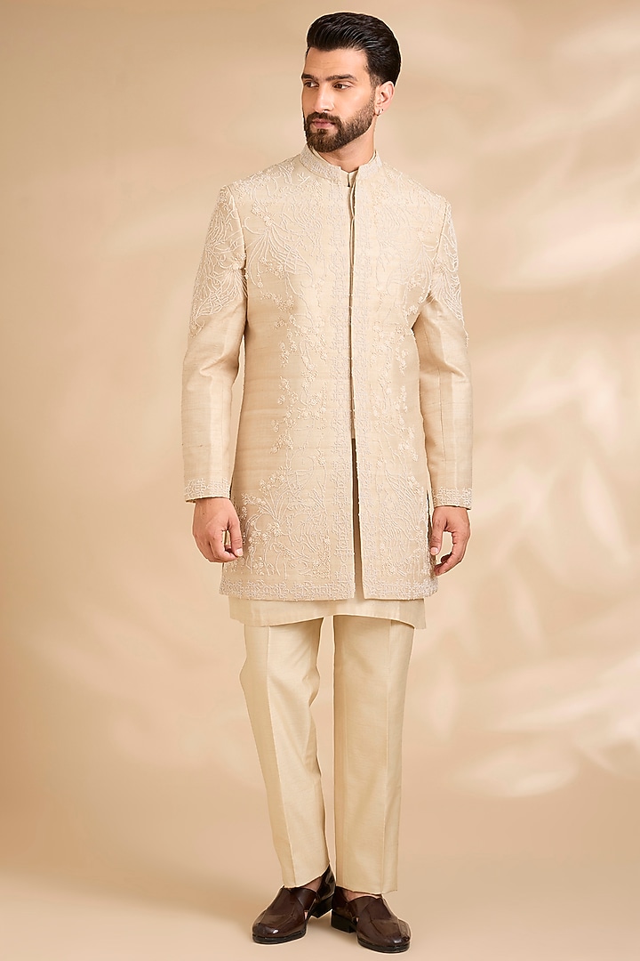 Beige Cream Silk Groom Sherwani Set by Rohit Gandhi & Rahul Khanna Men at Pernia's Pop Up Shop
