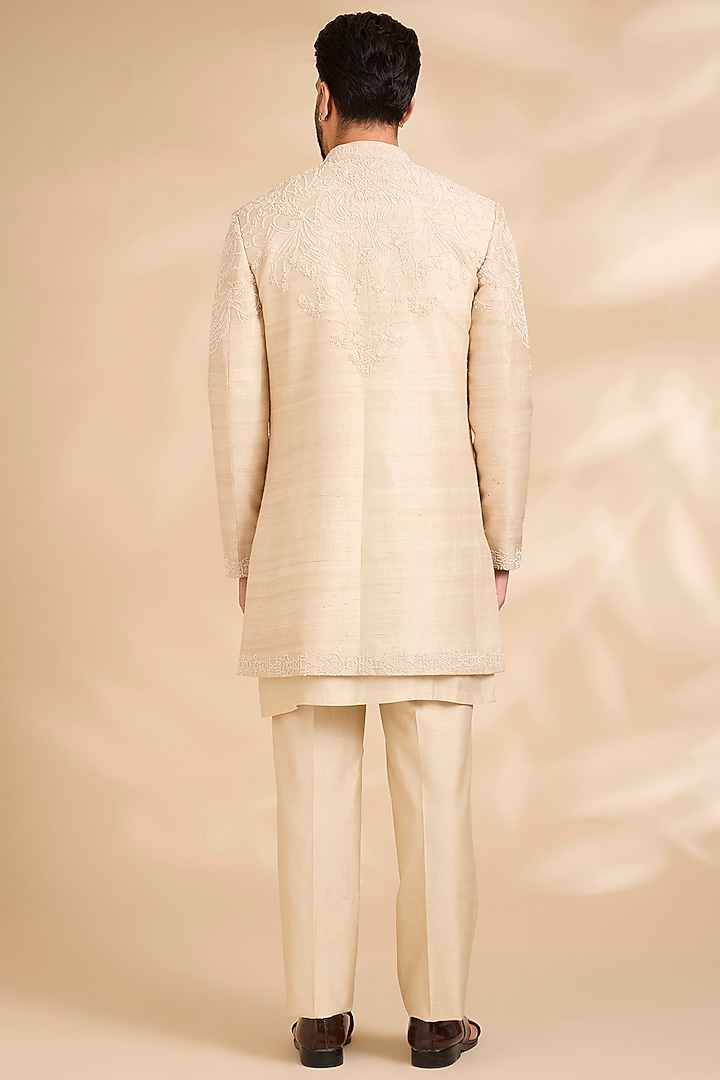 Beige Cream Silk Groom Sherwani Set by Rohit Gandhi & Rahul Khanna Men at Pernia's Pop Up Shop