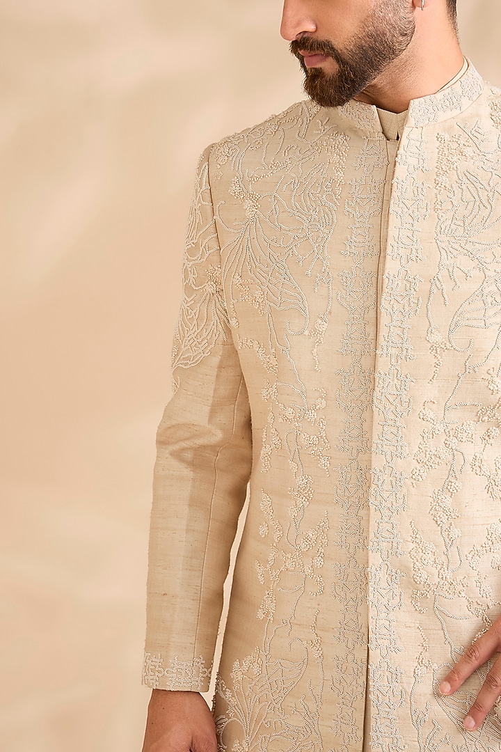 Beige Cream Silk Groom Sherwani Set by Rohit Gandhi & Rahul Khanna Men at Pernia's Pop Up Shop