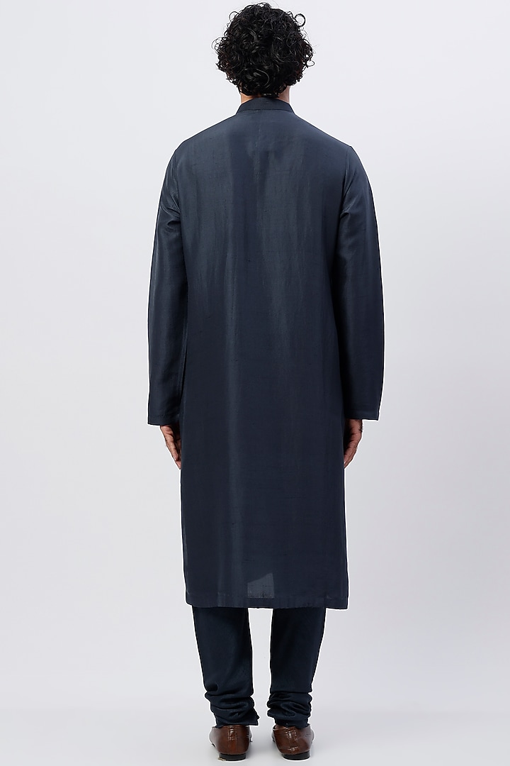 Midnight Blue Gazetted Cotton Embroidered Kurta Set by Rohit Gandhi & Rahul Khanna Men at Pernia's Pop Up Shop