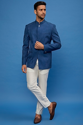 Cobalt Blue Silk Embroidered Quilted Bandhgala Jacket by Rohit Gandhi & Rahul Khanna Men