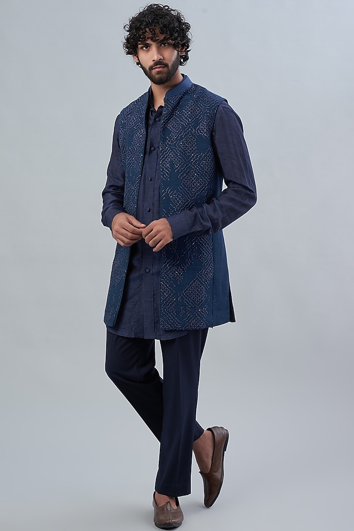 Navy Blue Matka Silk Embroidered Indowestern Jacket by Rohit Gandhi & Rahul Khanna Men