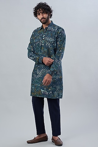 Blue Cotton Printed Kurta by Rohit Gandhi & Rahul Khanna Men
