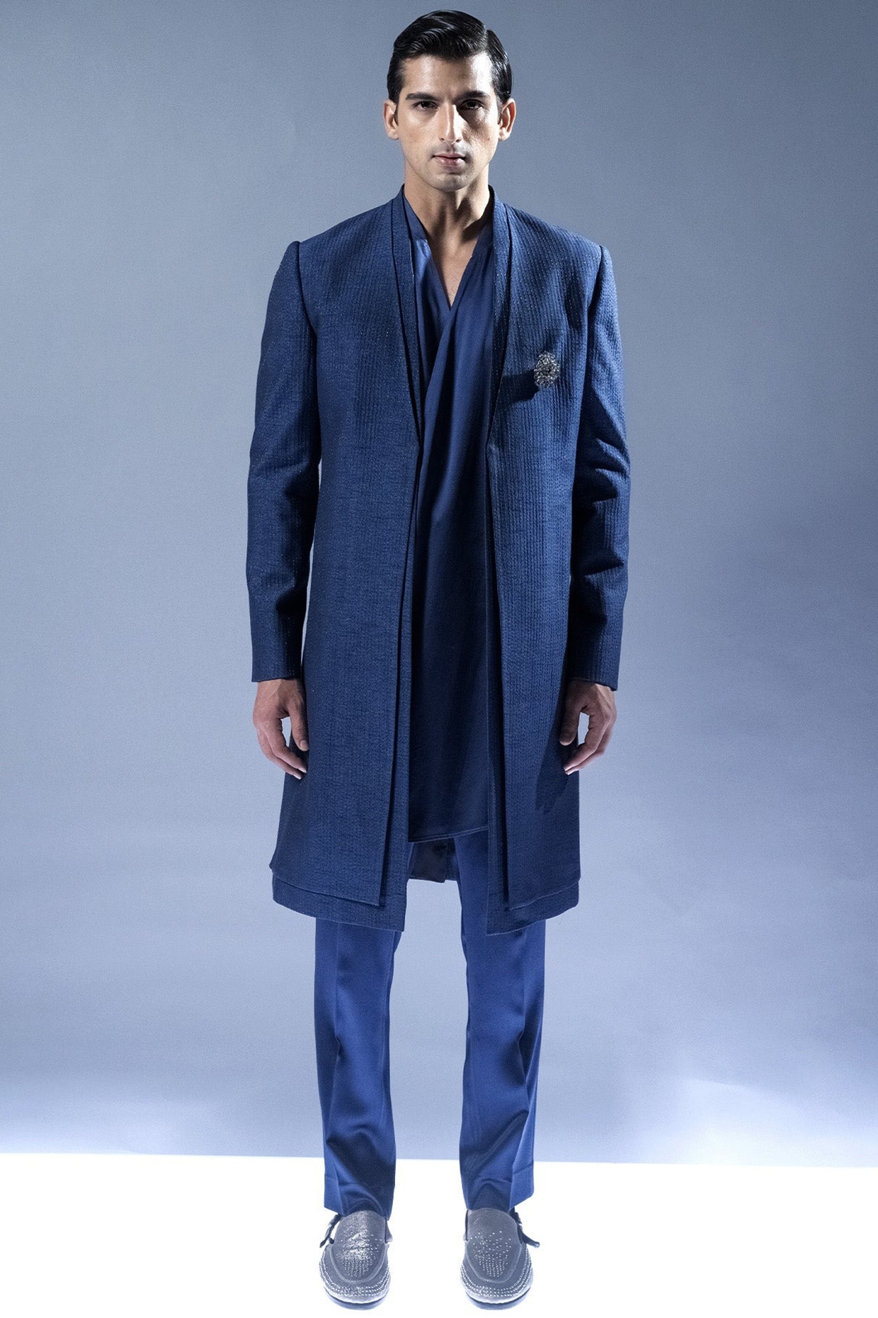 Rohit Gandhi & Rahul Khanna Marine Blue Viscose Embroidered Sherwani Set