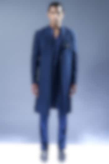Marine Blue Viscose Embroidered Groom Sherwani Set by Rohit Gandhi & Rahul Khanna Men at Pernia's Pop Up Shop