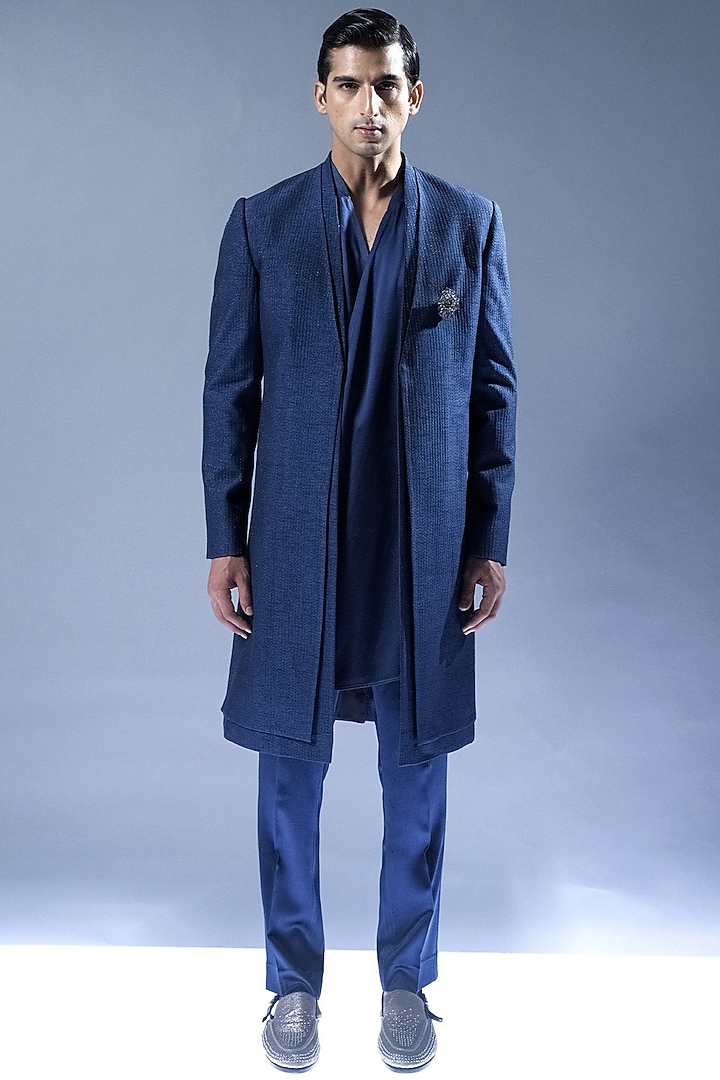 Marine Blue Viscose Embroidered Groom Sherwani Set by Rohit Gandhi & Rahul Khanna Men at Pernia's Pop Up Shop