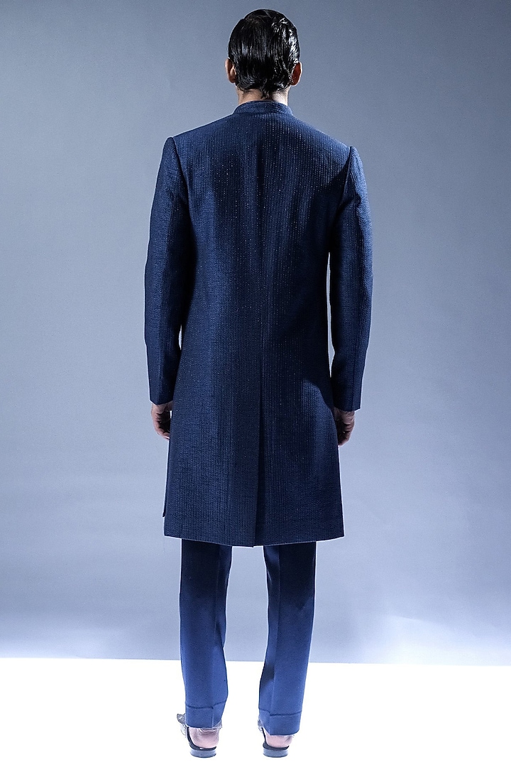 Marine Blue Viscose Embroidered Groom Sherwani Set by Rohit Gandhi & Rahul Khanna Men at Pernia's Pop Up Shop