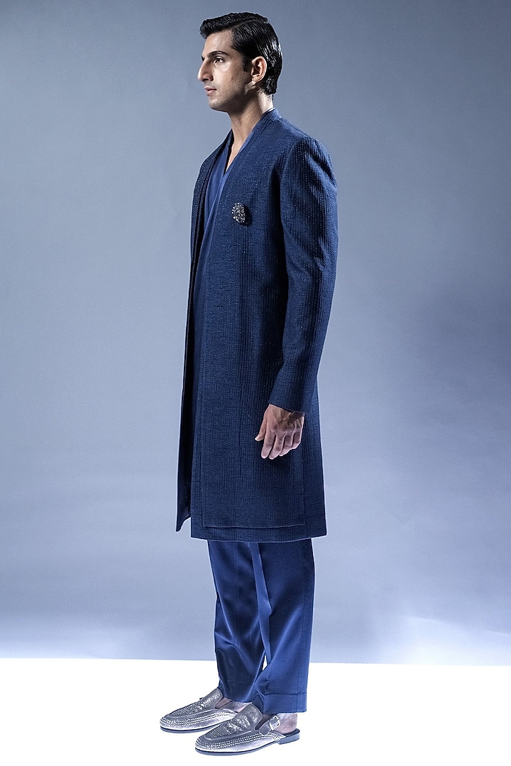 Marine Blue Viscose Embroidered Groom Sherwani Set by Rohit Gandhi & Rahul Khanna Men at Pernia's Pop Up Shop