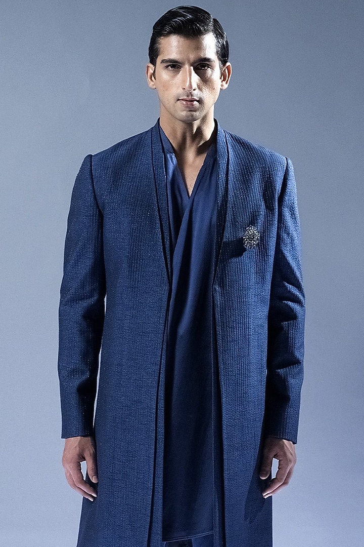 Marine Blue Viscose Embroidered Groom Sherwani Set by Rohit Gandhi & Rahul Khanna Men at Pernia's Pop Up Shop