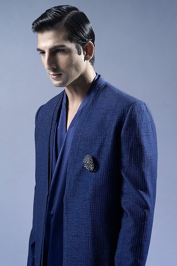 Marine Blue Viscose Embroidered Groom Sherwani Set by Rohit Gandhi & Rahul Khanna Men at Pernia's Pop Up Shop