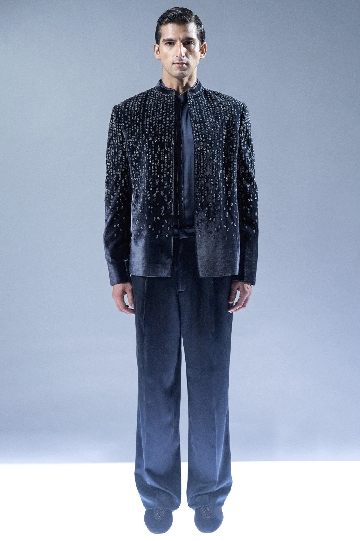 Rohit Gandhi & Rahul Khanna French Navy Velvet Hand Embroidered Bandhgala Set