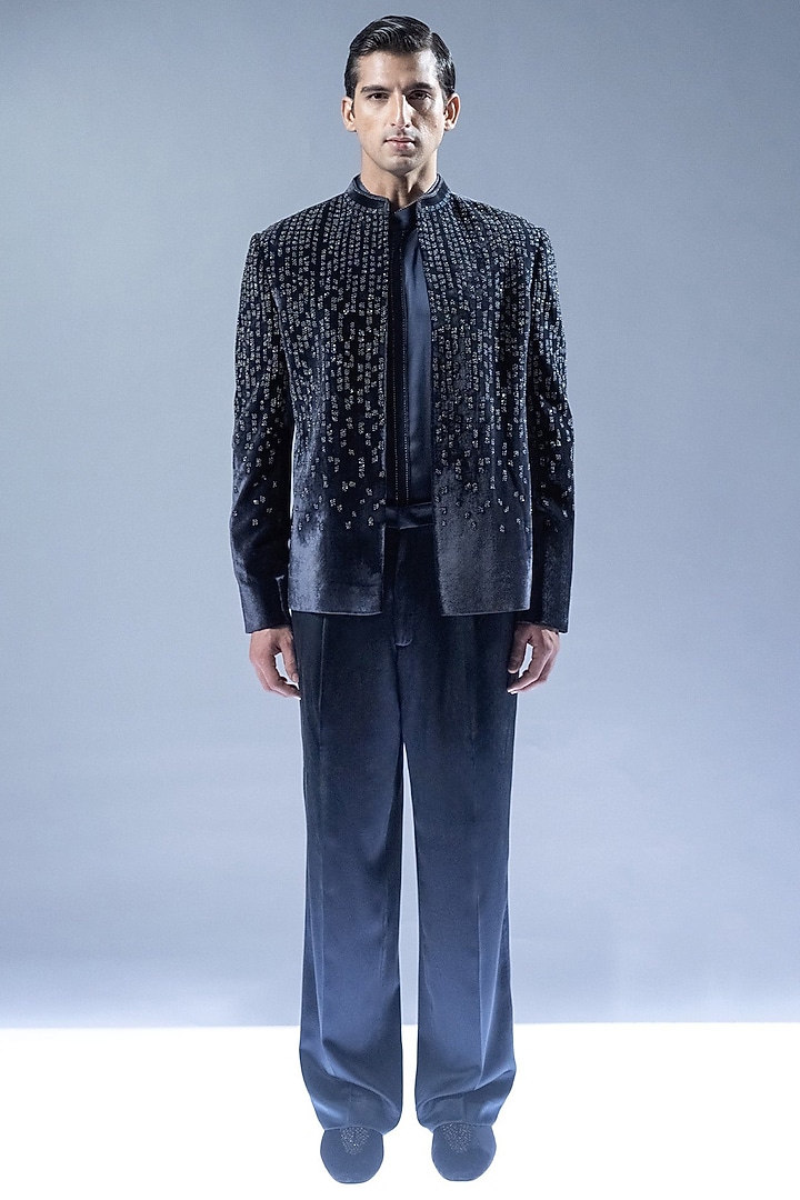 French Navy Velvet Hand Embroidered Groom Bandhgala Set by Rohit Gandhi & Rahul Khanna Men at Pernia's Pop Up Shop