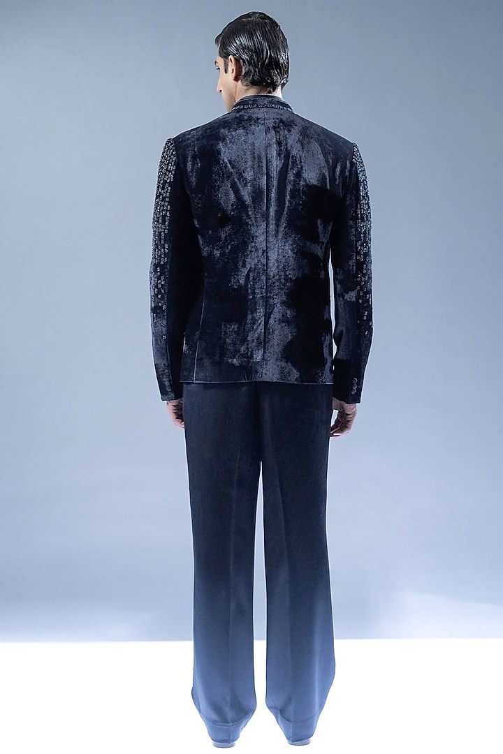 French Navy Velvet Hand Embroidered Groom Bandhgala Set by Rohit Gandhi & Rahul Khanna Men at Pernia's Pop Up Shop