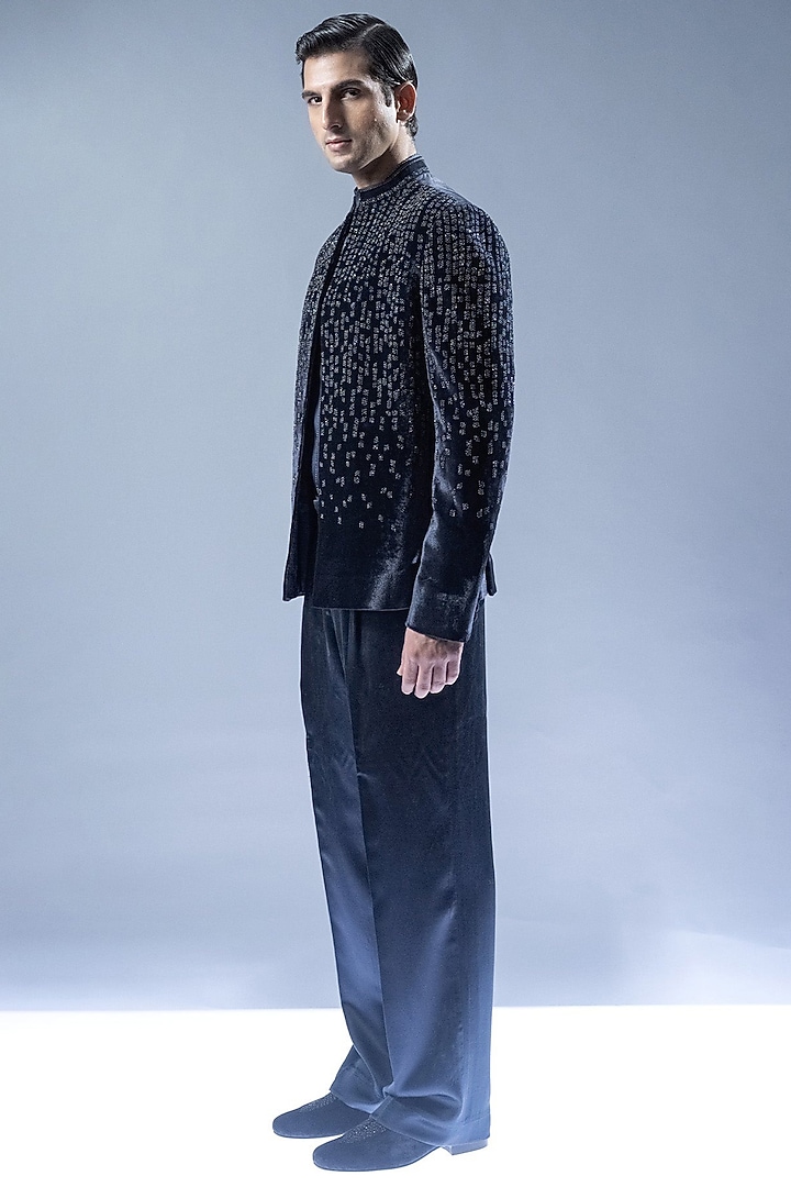 French Navy Velvet Hand Embroidered Groom Bandhgala Set by Rohit Gandhi & Rahul Khanna Men at Pernia's Pop Up Shop