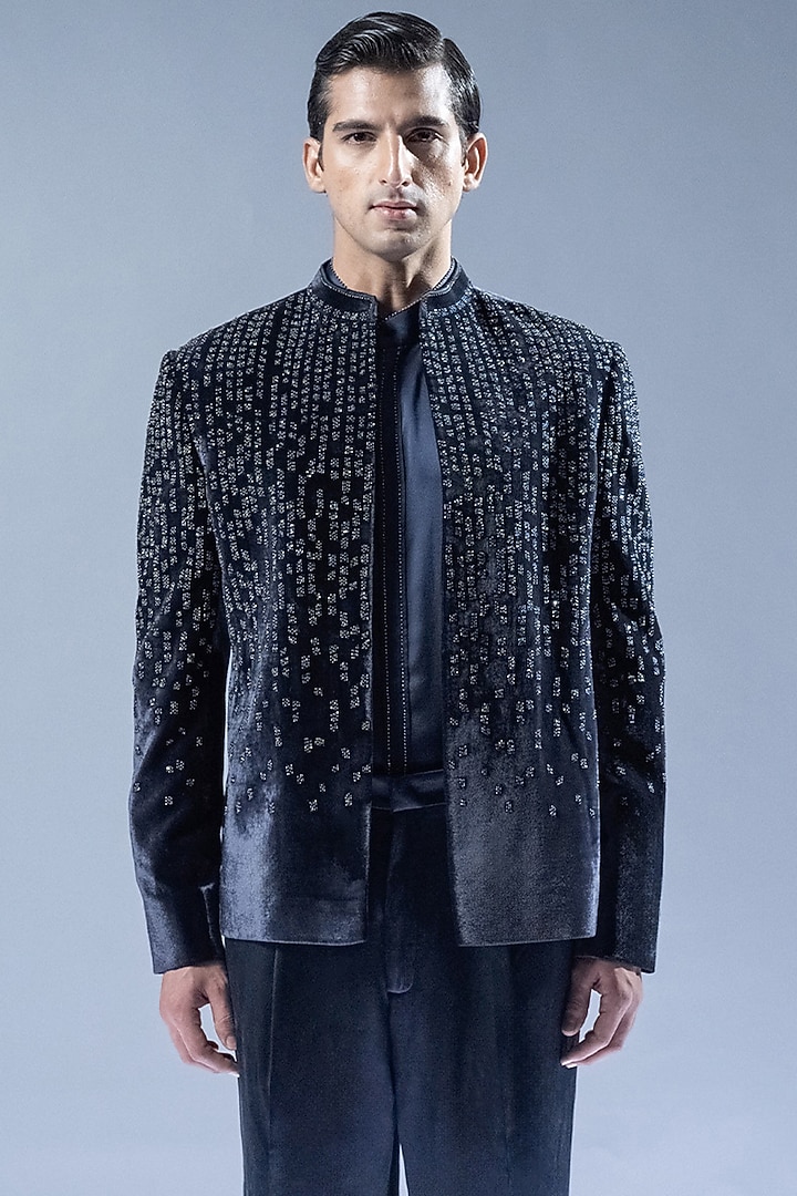 French Navy Velvet Hand Embroidered Groom Bandhgala Set by Rohit Gandhi & Rahul Khanna Men at Pernia's Pop Up Shop