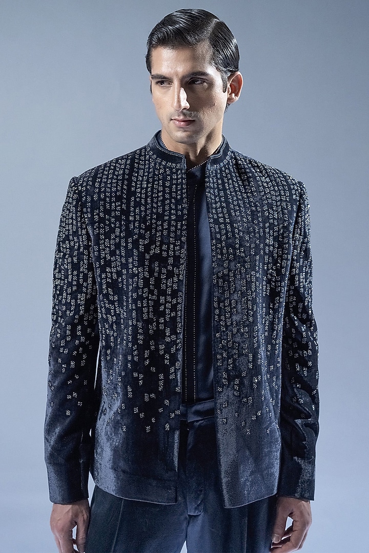 French Navy Velvet Hand Embroidered Groom Bandhgala Set by Rohit Gandhi & Rahul Khanna Men at Pernia's Pop Up Shop