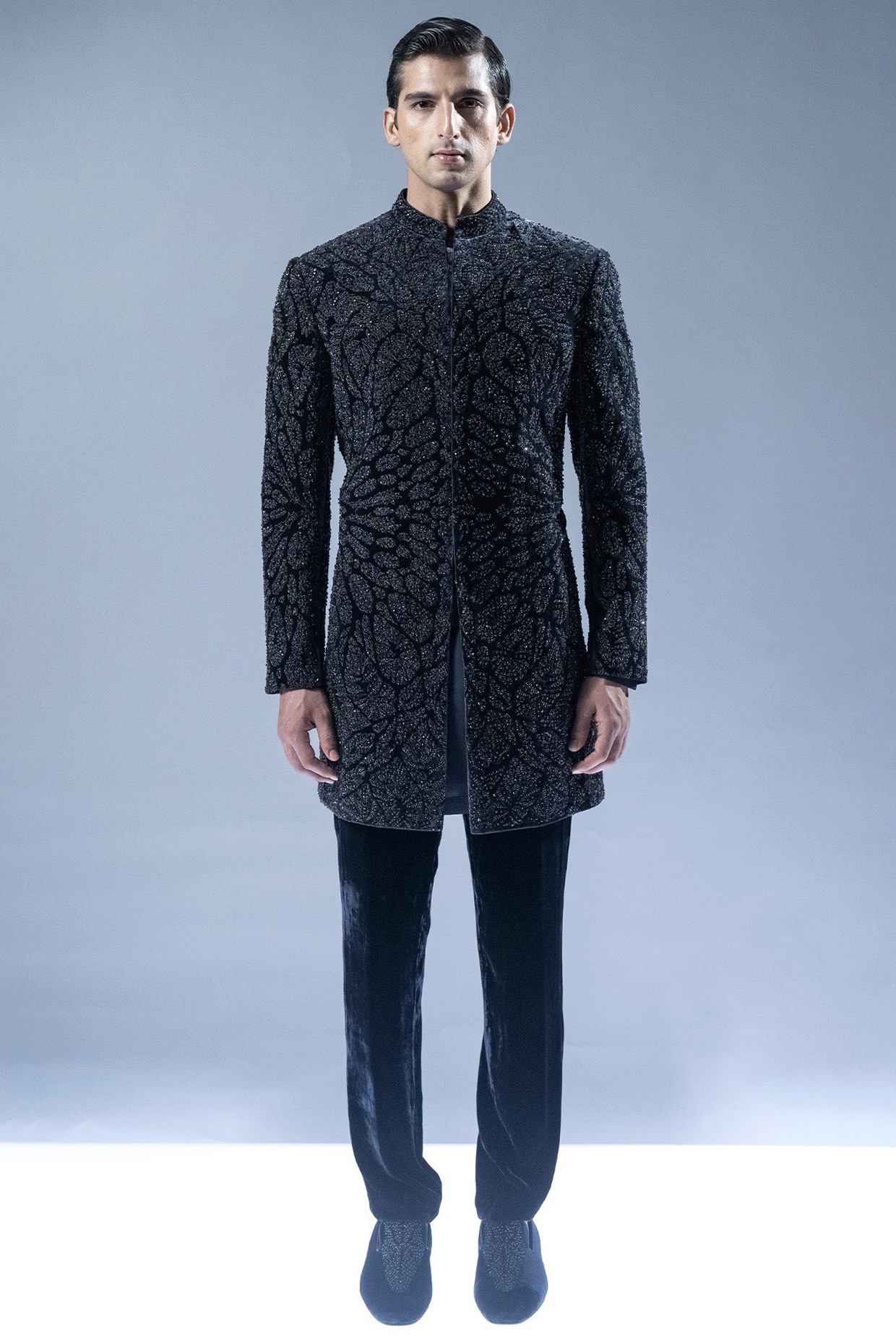 Rohit Gandhi & Rahul Khanna French Navy Velvet Resham Embroidered Sherwani Set