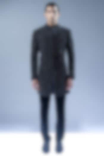 French Navy Velvet Resham Embroidered Groom Sherwani Set by Rohit Gandhi & Rahul Khanna Men at Pernia's Pop Up Shop