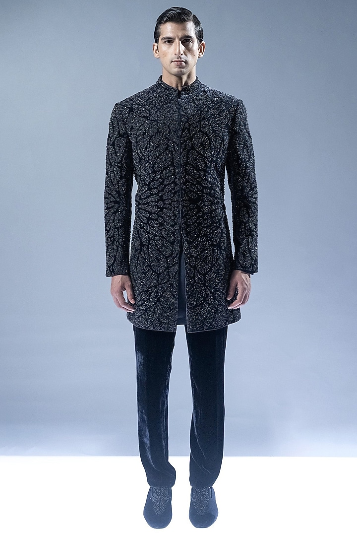 French Navy Velvet Resham Embroidered Groom Sherwani Set by Rohit Gandhi & Rahul Khanna Men at Pernia's Pop Up Shop