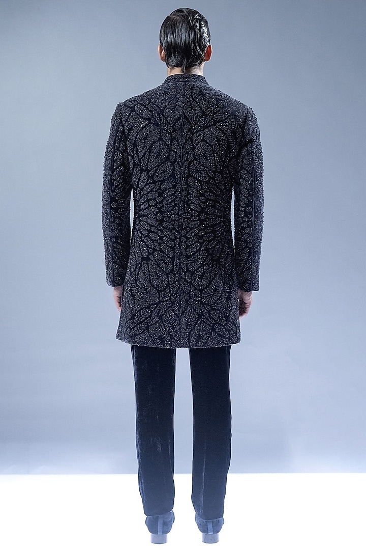 French Navy Velvet Resham Embroidered Groom Sherwani Set by Rohit Gandhi & Rahul Khanna Men at Pernia's Pop Up Shop
