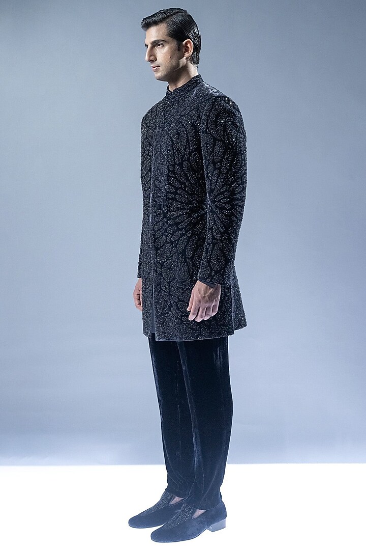 French Navy Velvet Resham Embroidered Groom Sherwani Set by Rohit Gandhi & Rahul Khanna Men at Pernia's Pop Up Shop