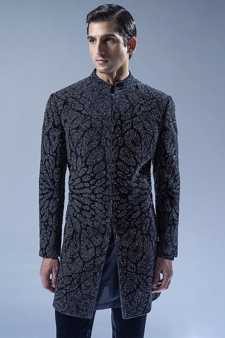 French Navy Velvet Resham Embroidered Groom Sherwani Set by Rohit Gandhi & Rahul Khanna Men at Pernia's Pop Up Shop