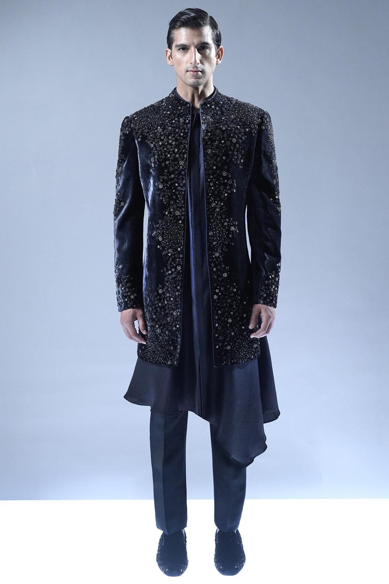 Rohit Gandhi & Rahul Khanna French Navy Velvet Floral Embroidered Sherwani Set