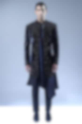 French Navy Velvet Floral Embroidered Groom Sherwani Set by Rohit Gandhi & Rahul Khanna Men at Pernia's Pop Up Shop