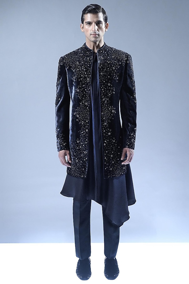 French Navy Velvet Floral Embroidered Groom Sherwani Set by Rohit Gandhi & Rahul Khanna Men at Pernia's Pop Up Shop