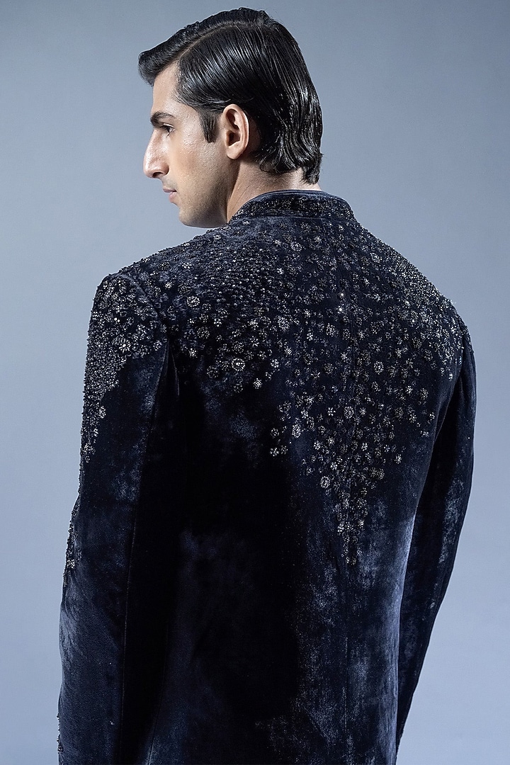 French Navy Velvet Floral Embroidered Groom Sherwani Set by Rohit Gandhi & Rahul Khanna Men at Pernia's Pop Up Shop