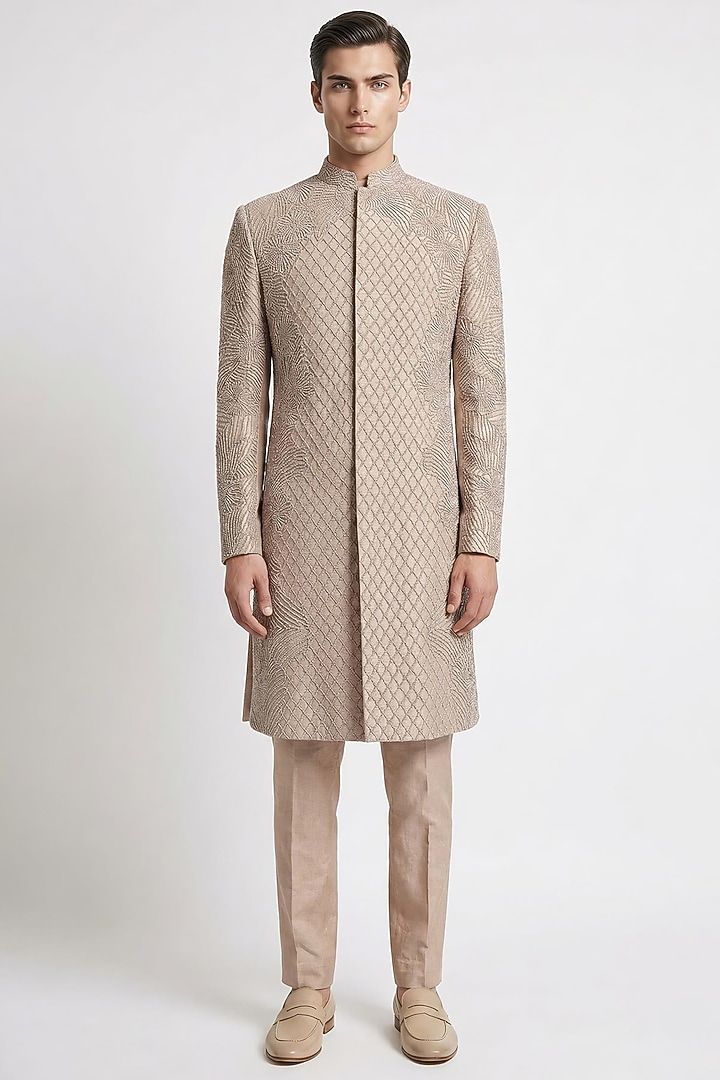 Powder Pink Viscose Dupion Embroidered Groom Sherwani Set by Rohit Gandhi & Rahul Khanna Men at Pernia's Pop Up Shop