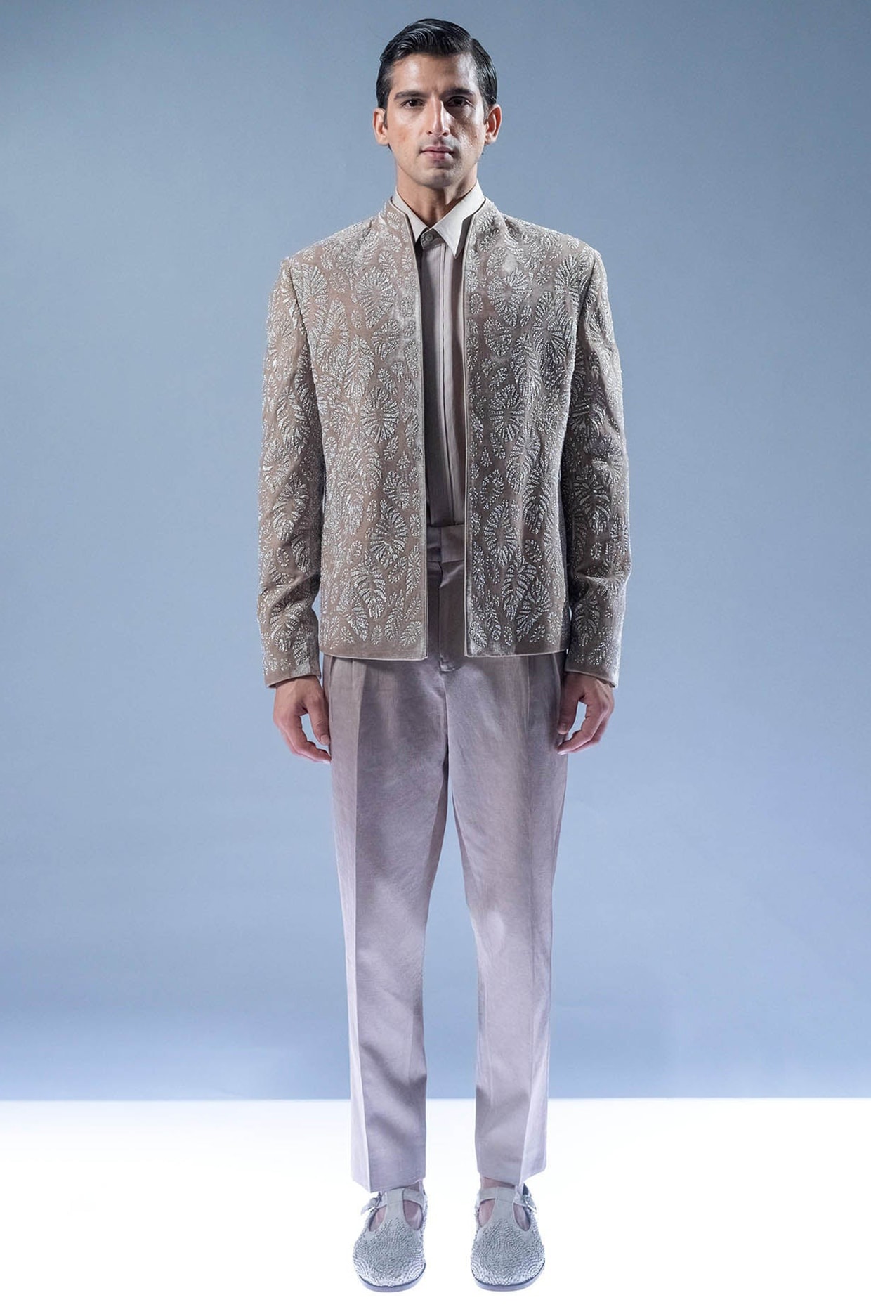 Rohit Gandhi & Rahul Khanna Marble Grey Silk Velvet Pearl Embroidered Bandhgala Set