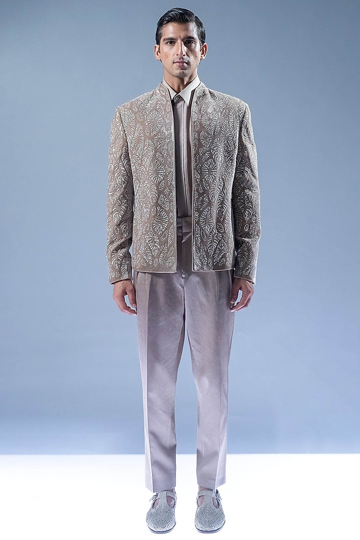 Marble Grey Silk Velvet Pearl Embroidered Groom Bandhgala Set by Rohit Gandhi & Rahul Khanna Men at Pernia's Pop Up Shop