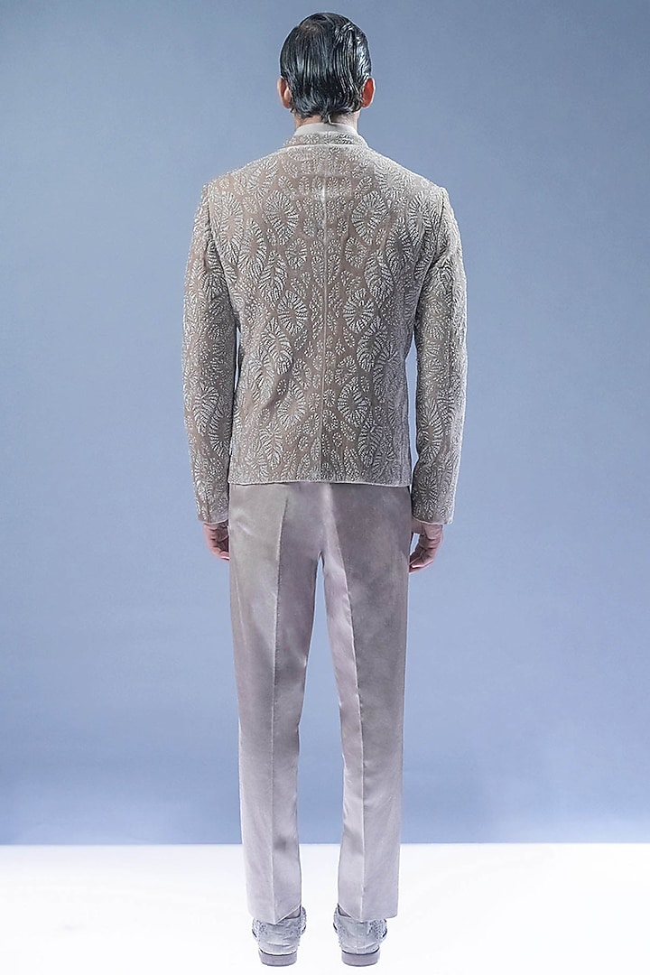 Marble Grey Silk Velvet Pearl Embroidered Groom Bandhgala Set by Rohit Gandhi & Rahul Khanna Men at Pernia's Pop Up Shop