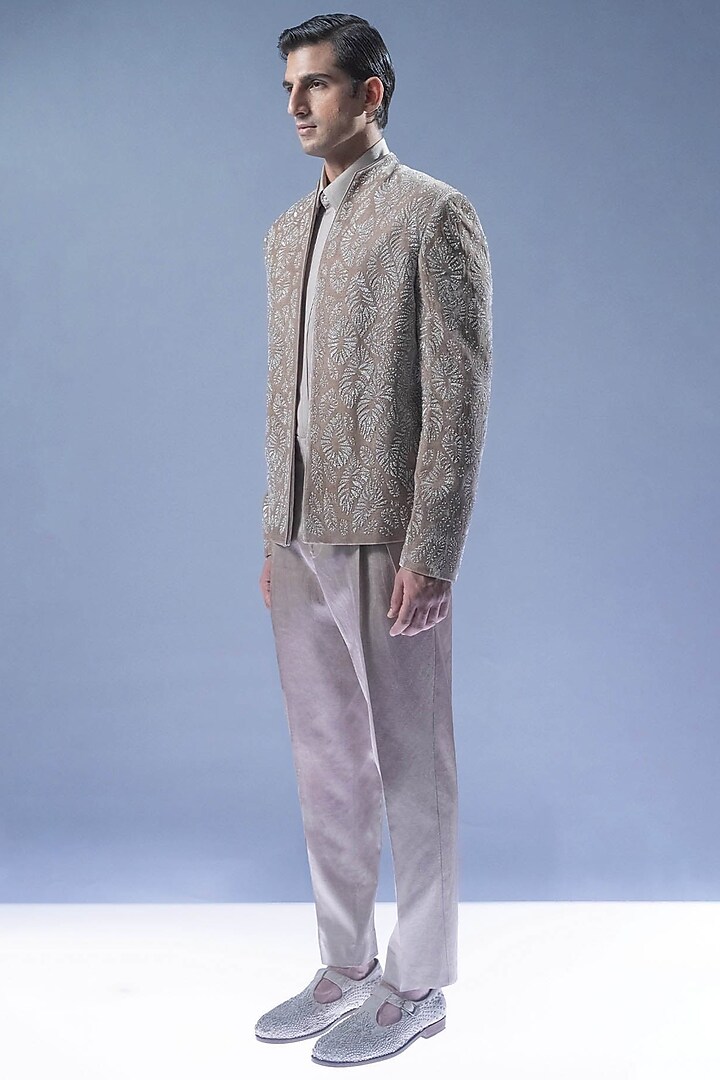 Marble Grey Silk Velvet Pearl Embroidered Groom Bandhgala Set by Rohit Gandhi & Rahul Khanna Men at Pernia's Pop Up Shop