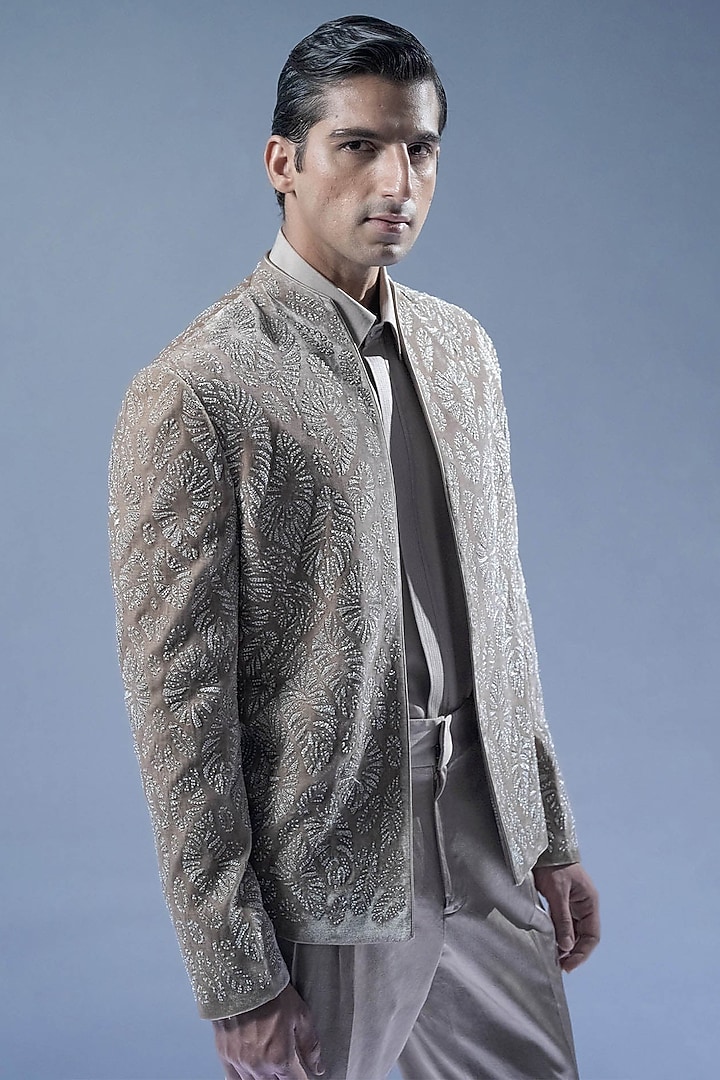 Marble Grey Silk Velvet Pearl Embroidered Groom Bandhgala Set by Rohit Gandhi & Rahul Khanna Men at Pernia's Pop Up Shop