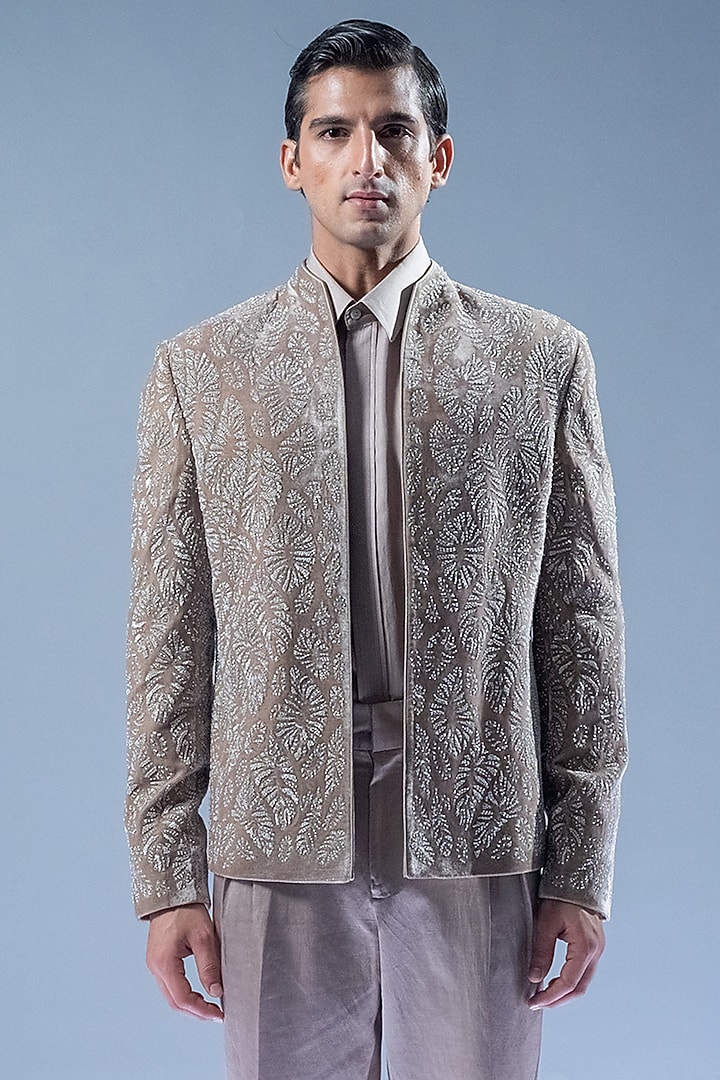 Marble Grey Silk Velvet Pearl Embroidered Groom Bandhgala Set by Rohit Gandhi & Rahul Khanna Men at Pernia's Pop Up Shop