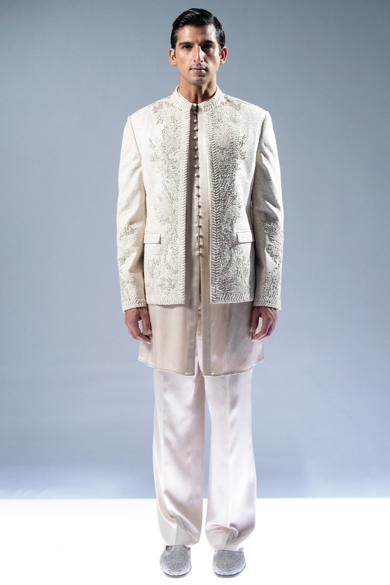 Rohit Gandhi & Rahul Khanna Ecru Chikankari Hand Embroidered Bandhgala Set