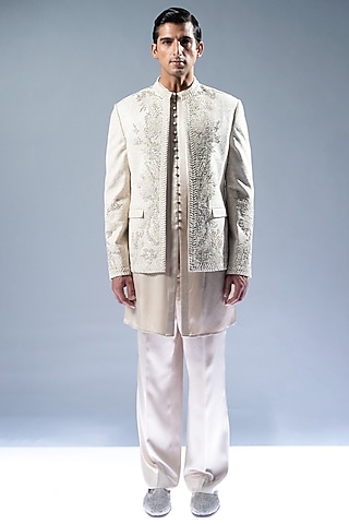 Ecru Chikankari Hand Embroidered Bandhgala Set by Rohit Gandhi & Rahul Khanna Men
