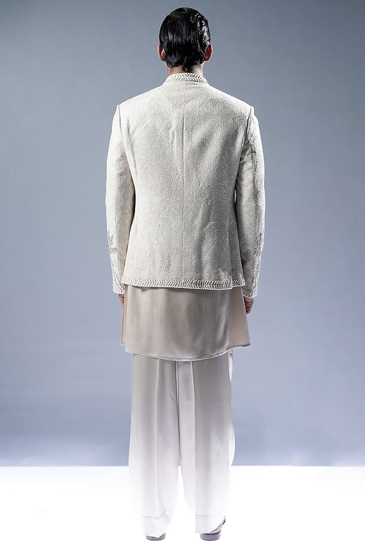 Ecru Chikankari Hand Embroidered Groom Bandhgala Set by Rohit Gandhi & Rahul Khanna Men at Pernia's Pop Up Shop