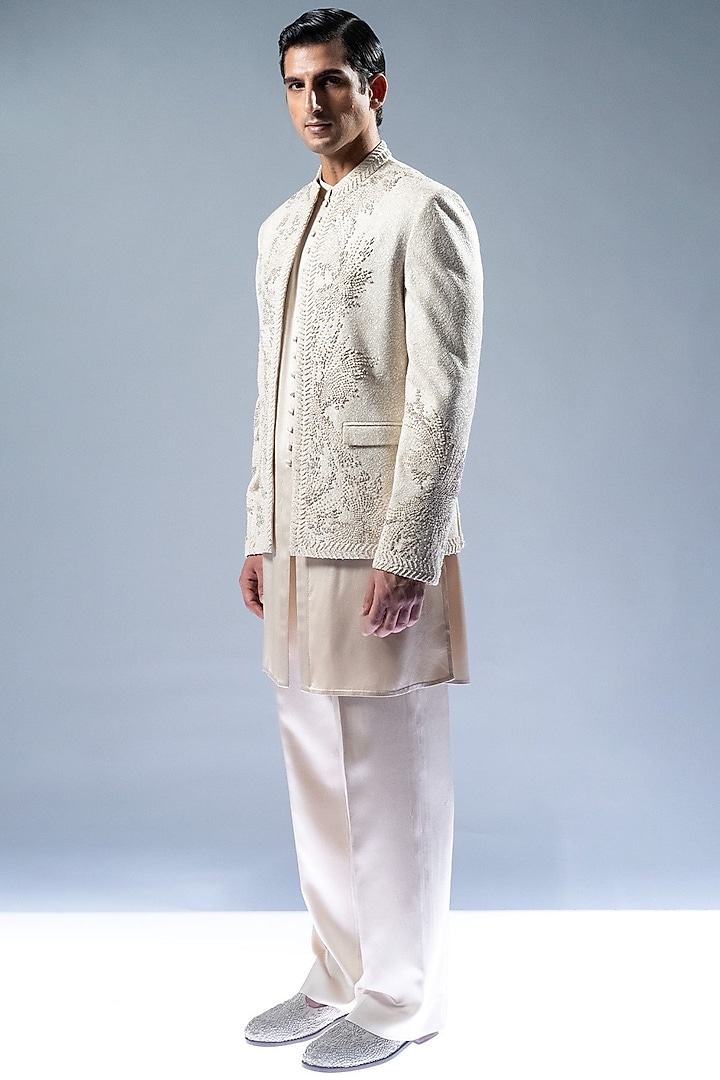 Ecru Chikankari Hand Embroidered Groom Bandhgala Set by Rohit Gandhi & Rahul Khanna Men at Pernia's Pop Up Shop