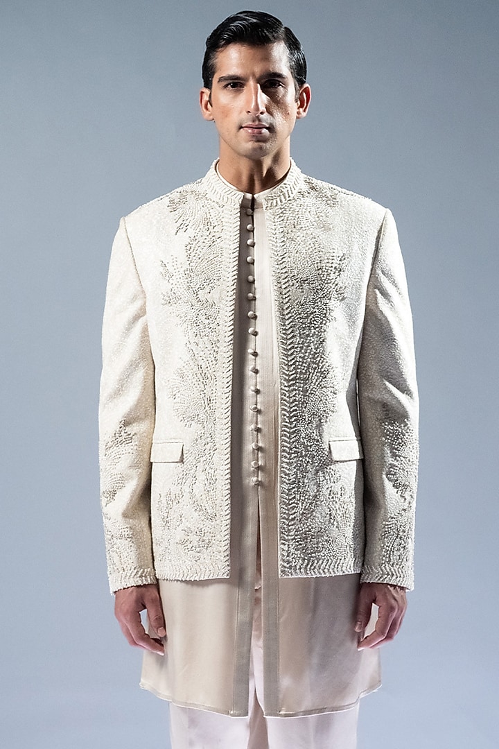 Ecru Chikankari Hand Embroidered Groom Bandhgala Set by Rohit Gandhi & Rahul Khanna Men at Pernia's Pop Up Shop