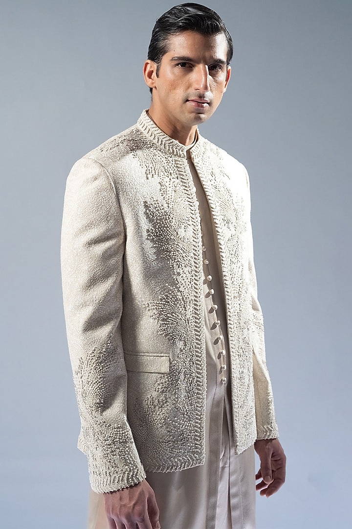 Ecru Chikankari Hand Embroidered Groom Bandhgala Set by Rohit Gandhi & Rahul Khanna Men at Pernia's Pop Up Shop