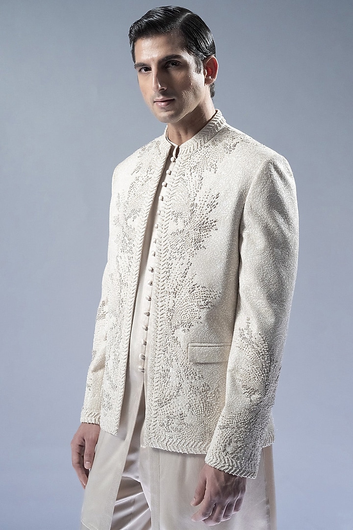 Ecru Chikankari Hand Embroidered Groom Bandhgala Set by Rohit Gandhi & Rahul Khanna Men at Pernia's Pop Up Shop