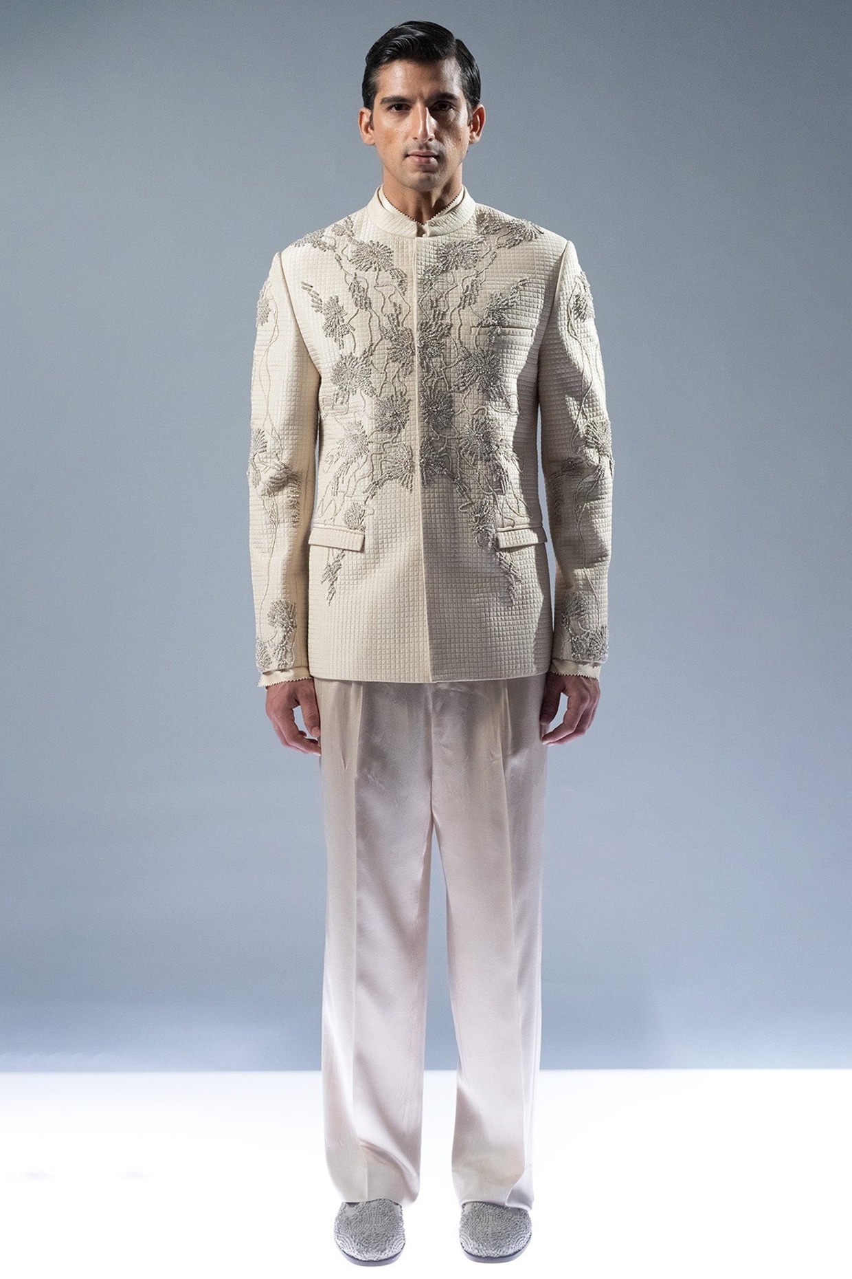 Rohit Gandhi & Rahul Khanna Ecru Silk Embroidered Bandhgala Set