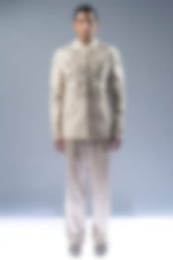 Ecru Silk Embroidered Groom Bandhgala Set by Rohit Gandhi & Rahul Khanna Men at Pernia's Pop Up Shop