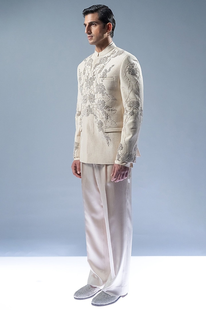 Ecru Silk Embroidered Groom Bandhgala Set by Rohit Gandhi & Rahul Khanna Men at Pernia's Pop Up Shop