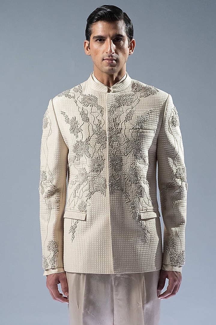 Ecru Silk Embroidered Groom Bandhgala Set by Rohit Gandhi & Rahul Khanna Men at Pernia's Pop Up Shop