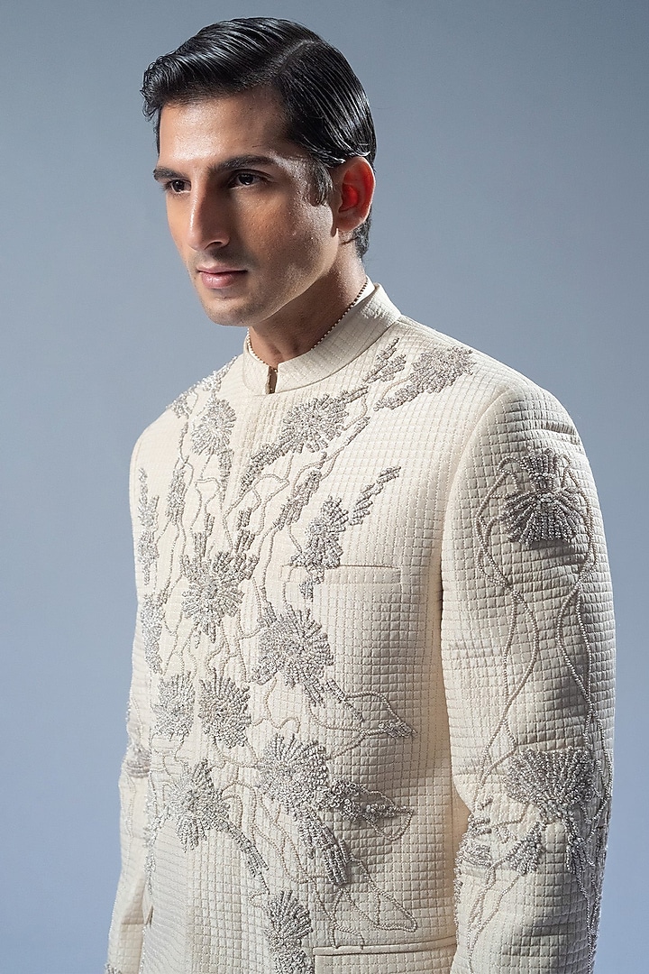 Ecru Silk Embroidered Groom Bandhgala Set by Rohit Gandhi & Rahul Khanna Men at Pernia's Pop Up Shop